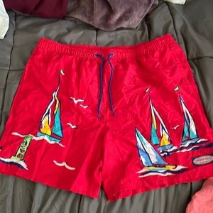 Men’s XL Vineyard Vines swim shorts, red with boats